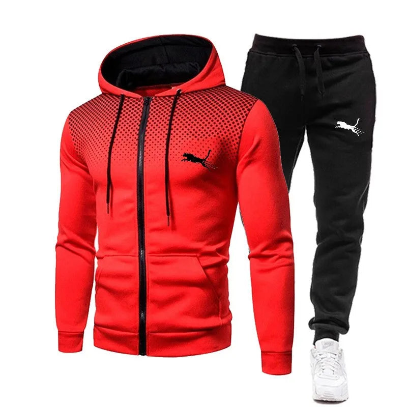 2024 Men's zipper Jacket Tracksuit Casual Suit Outdoor Set Hoodies + Black Sweatpant 2pcs Fashion Warm wintertime Sportswear