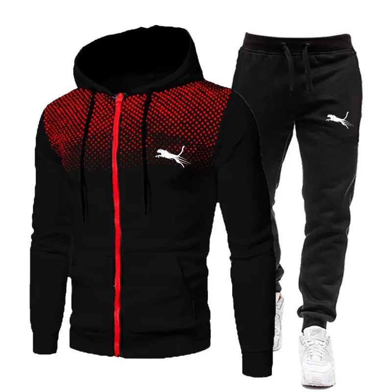 2024 Men's zipper Jacket Tracksuit Casual Suit Outdoor Set Hoodies + Black Sweatpant 2pcs Fashion Warm wintertime Sportswear