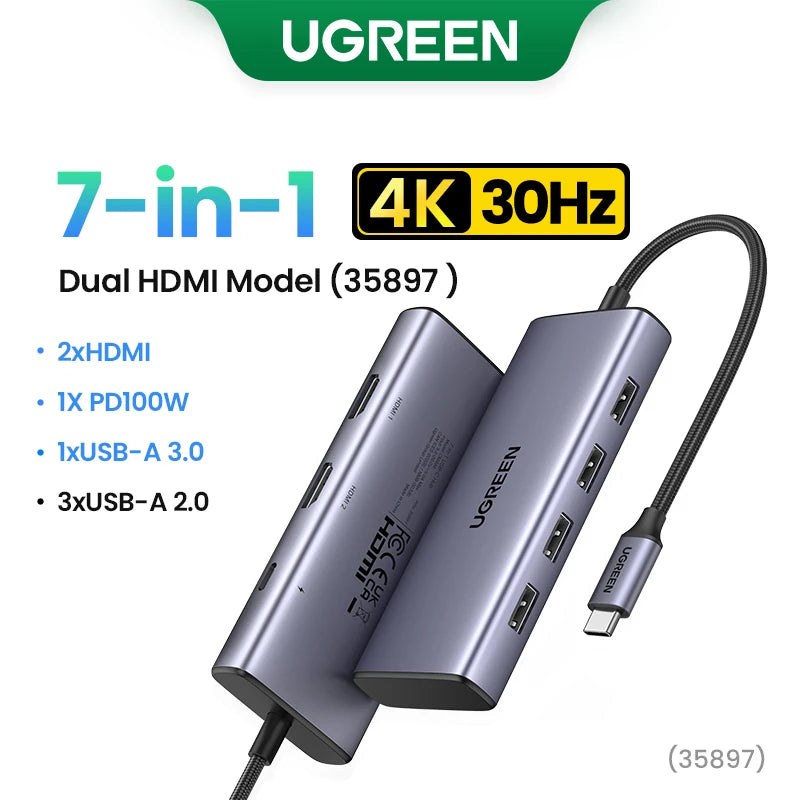 UGREEN Dual HDMI USB HUB 8K HDMI Adapter 10 in 1 Splitter with RJ45 USB 3.0 PD 100W Dock for MacBook Pro Air M2 M1 USB C HUB