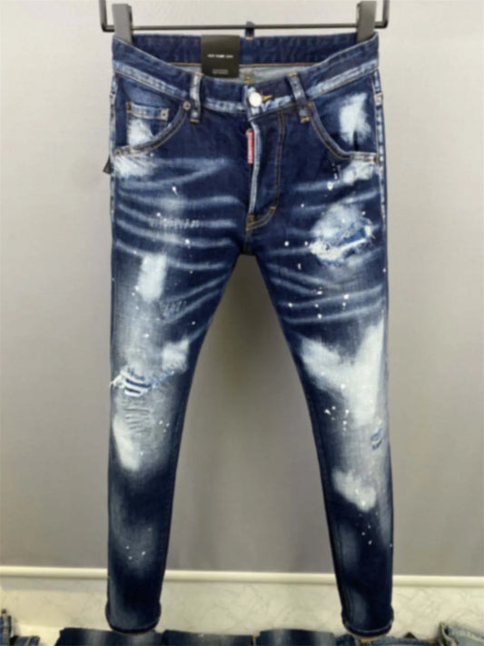 2024 Spring New Men's Light Blue D2 Jeans Fashion Patch, Broken Hole Paint, Small Straight Leg Denim Pants