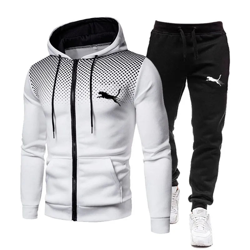 2024 Men's zipper Jacket Tracksuit Casual Suit Outdoor Set Hoodies + Black Sweatpant 2pcs Fashion Warm wintertime Sportswear