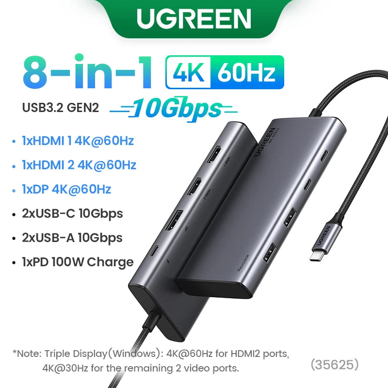 UGREEN Dual HDMI USB HUB 8K HDMI Adapter 10 in 1 Splitter with RJ45 USB 3.0 PD 100W Dock for MacBook Pro Air M2 M1 USB C HUB