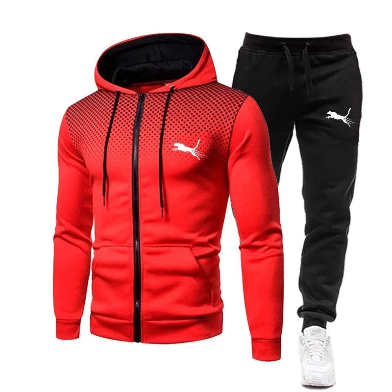 2024 Men's zipper Jacket Tracksuit Casual Suit Outdoor Set Hoodies + Black Sweatpant 2pcs Fashion Warm wintertime Sportswear