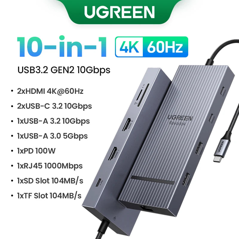 UGREEN Dual HDMI USB HUB 8K HDMI Adapter 10 in 1 Splitter with RJ45 USB 3.0 PD 100W Dock for MacBook Pro Air M2 M1 USB C HUB