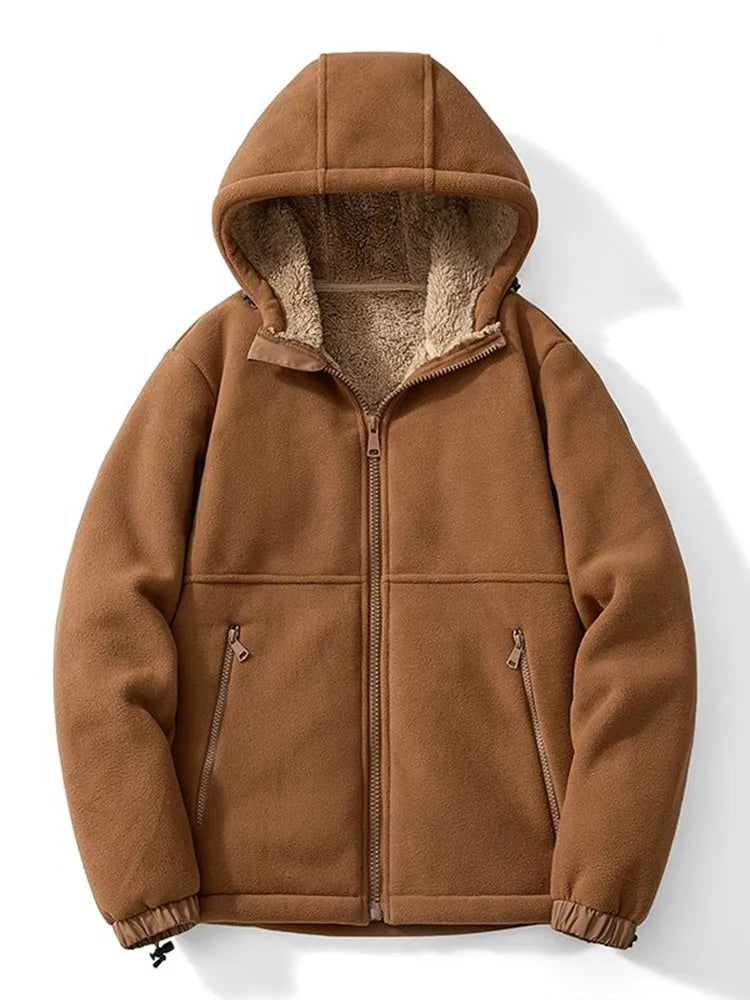 2024 Autumn/Winter New Fashion Solid Color Lamb Wool Hooded Coat Men's Casual Loose Thick Warm High Quality Plus-Size Jacket