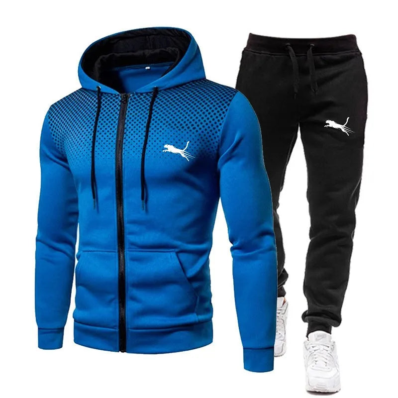 2024 Men's zipper Jacket Tracksuit Casual Suit Outdoor Set Hoodies + Black Sweatpant 2pcs Fashion Warm wintertime Sportswear