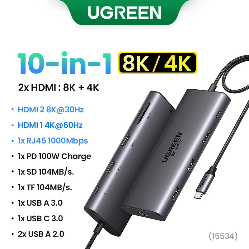 UGREEN Dual HDMI USB HUB 8K HDMI Adapter 10 in 1 Splitter with RJ45 USB 3.0 PD 100W Dock for MacBook Pro Air M2 M1 USB C HUB